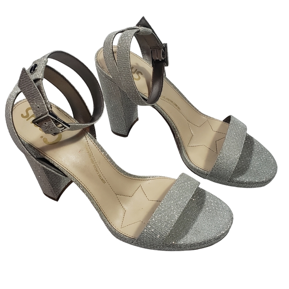Sam Edelman Circus Annette Silver Glitter Heels Size 9 Open Toe Shoes Prom Party